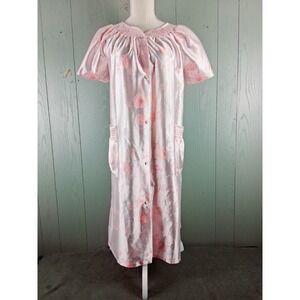 Vintage 80s Pink Satin Granny Robe M Pearl Snap Floral Cottagecore Pockets